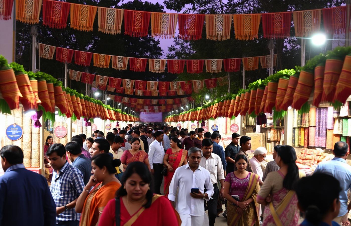 Visitors exploring decorated stalls at an Indian handloom and handicraft exhibition