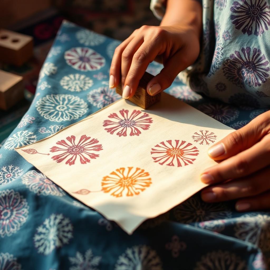 Hand block printing of traditional Indian textile motifs